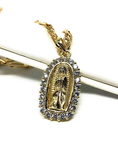 Gold Plated Virgin Mary Pendant Necklace Figaro 24" Chain Virgen de Guadalupe Medalla Piedras Blancas Oro - Fran & Co. Jewelry