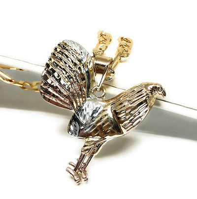 Gold Plated Tri-Color Chicken Rooster Pendant Necklace Figaro 26" Gallo Medalla Oro Laminado - Fran & Co. Jewelry