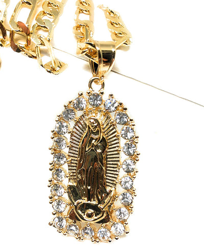 Gold Plated Virgin Mary Pendant Necklace Figaro 26" Virgen de Guadalupe Medalla Oro Laminado - Fran & Co. Jewelry