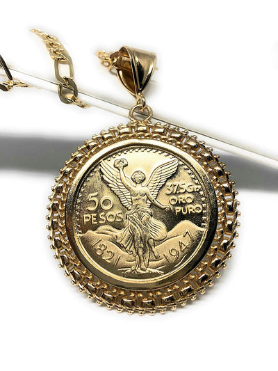 Gold Plated Mexican Coin Mexican Centenario Mexicano Replica de Oro Laminado Con Cadena de 26" - Fran & Co. Jewelry