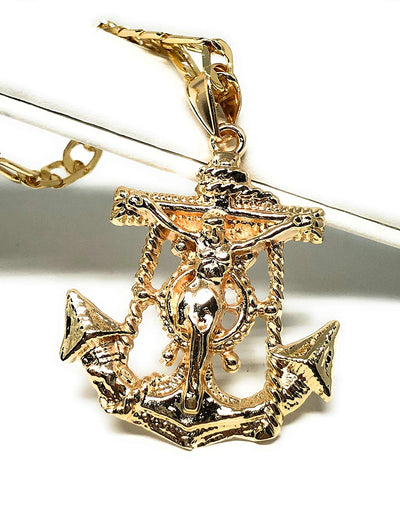 Gold Plated Jesus Crucifix Anchor Pendant Necklace 26"  / Jesus Ancla Crucifijo Cadena Oro Laminado - Fran & Co. Jewelry