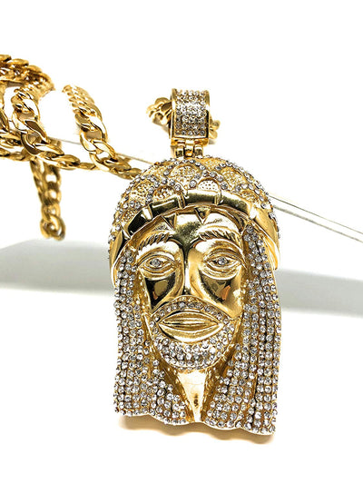 Men Iced Out Hip Hop Gold Plated Big Jesus Face CZ Pendant 30" Cuban Link Chain 7mm - Fran & Co. Jewelry
