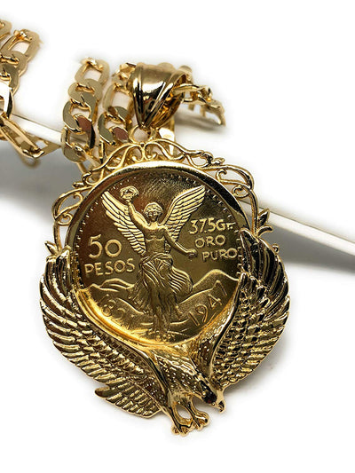 Gold Plated Mexican Coin Centenario Mexicano con Aguila Replica Oro Laminado Con Cadena Figaro 26" 7mm - Fran & Co. Jewelry