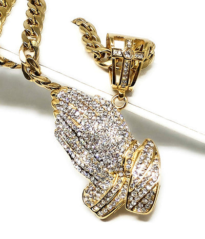 Men's Gold Plated Iced Out Hip Hop Big Prayer Hand CZ Pendant 30" Cuban Link Chain 7mm - Fran & Co. Jewelry