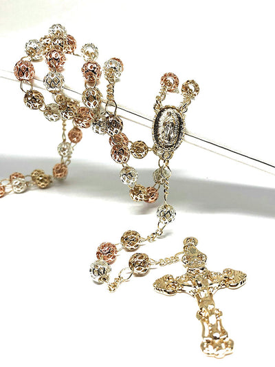 Gold Plated Tri-Color Virgin Mary Rosary Necklace Virgen de Guadalupe Rosario Crucifijo Oro Tres Colores 26" - Fran & Co. Jewelry