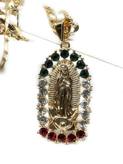 Gold Plated Virgin Mary Pendant Necklace Figaro 26" Virgen de Guadalupe Medalla Oro Laminado - Fran & Co. Jewelry