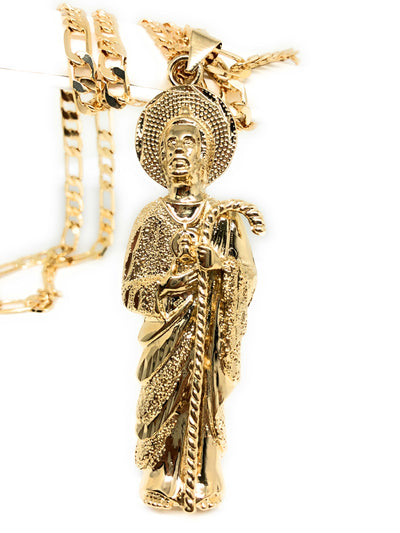 Gold Plated Big Saint Jude Pendant Necklace Figaro 26" San Judas Tadeo Medalla XL Cadena Oro - Fran & Co. Jewelry