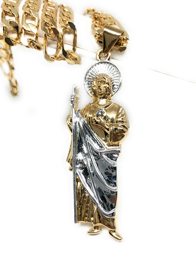 Gold Plated Saint Jude Pendant Necklace Figaro 26" San Judas Tadeo Medalla Cadena Oro Laminado - Fran & Co. Jewelry