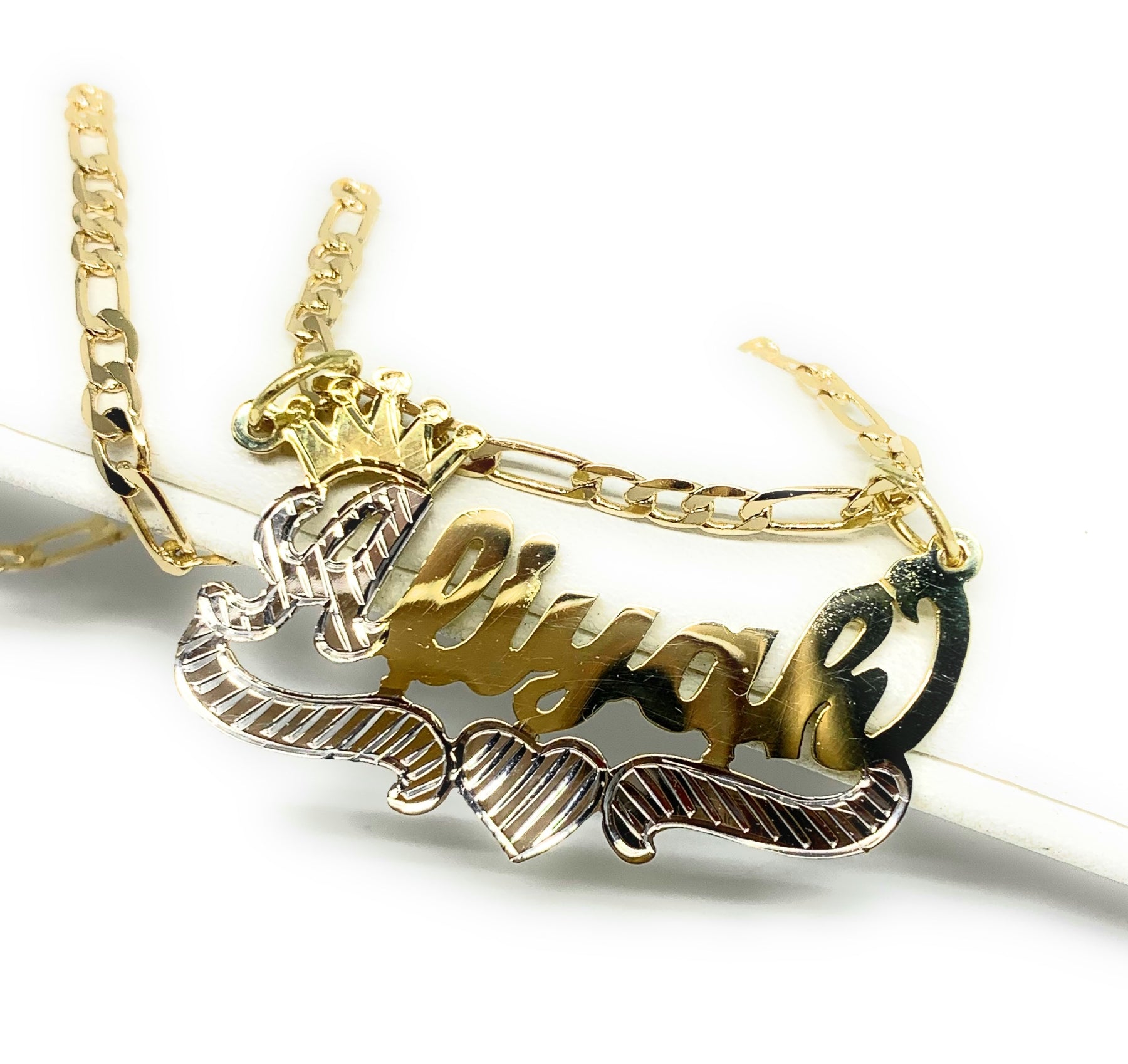Gold Plated Silver Yellow & White CUSTOMIZED CROWN CURSIVE with HEARTS ...