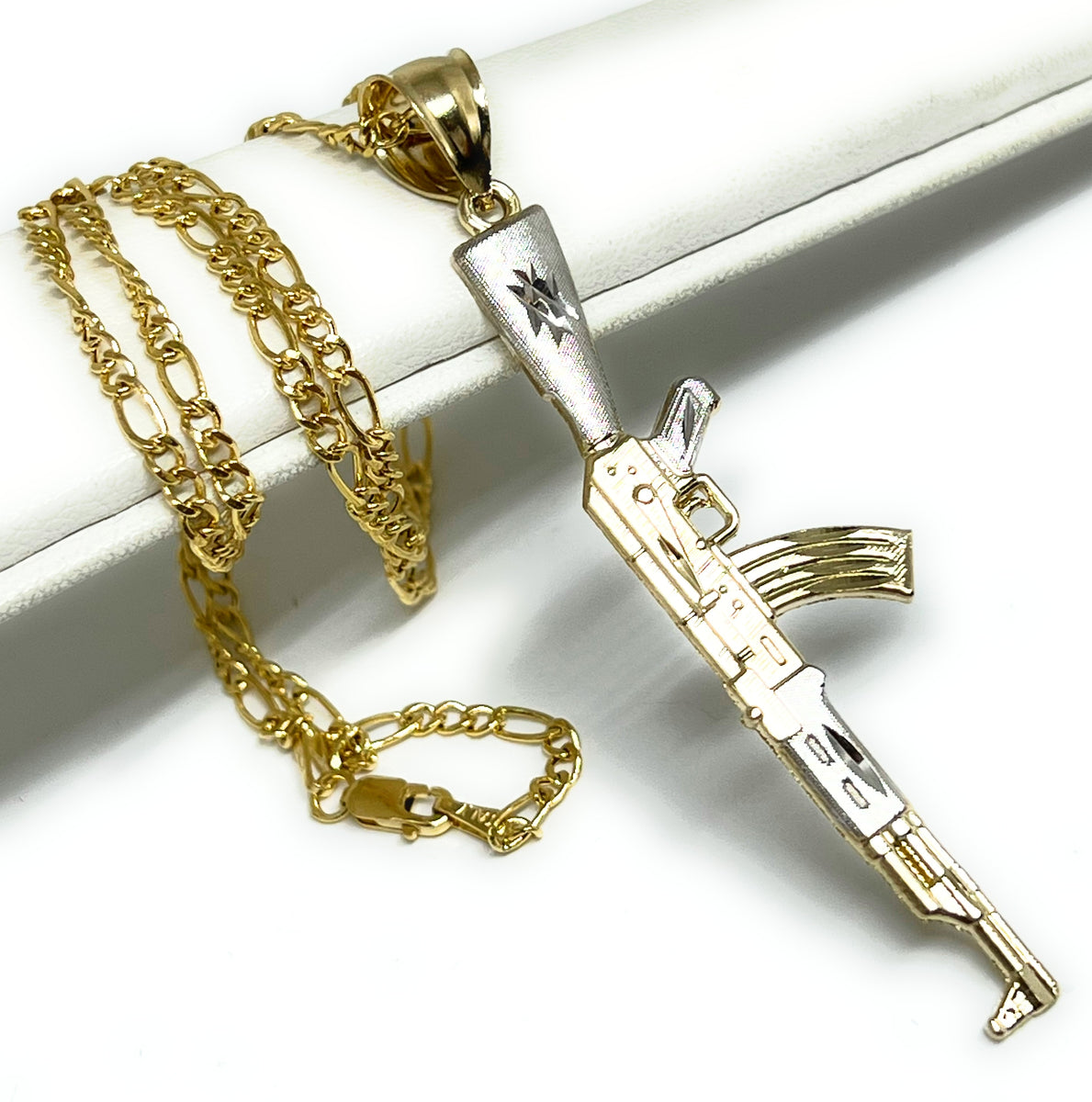 14k Solid Gold 2-Tone Classic Machine Gun AK-47 Detailed Pendant Neckl ...
