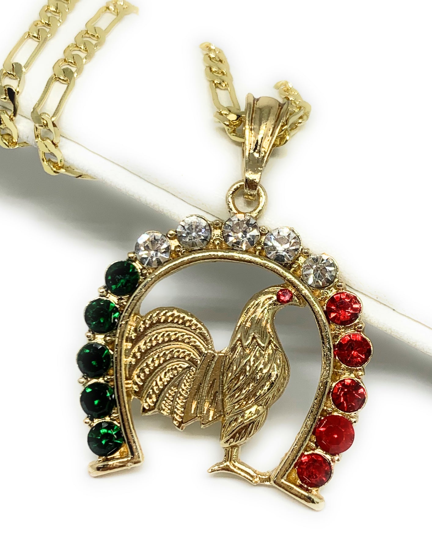 14K Gold Plated Rooster (Gallo) Pendant Charm With CZs On 24" 2-Color Gold Plated Chain