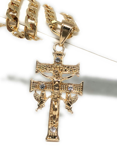 Gold Plate Caravaca Cross Jesus Crucifix 26" Chain / Caravaca Cruz Crucifijo Cadena Oro Lamindo 26" - Fran & Co. Jewelry