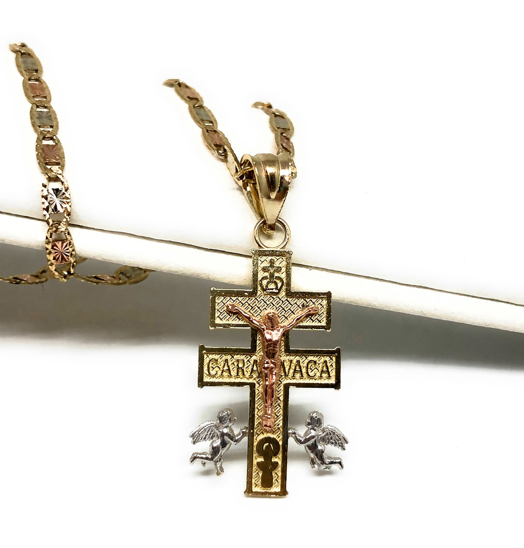 10k Solid Gold Tri-Color Jesus Caravaca Angel Crucifix Cross with