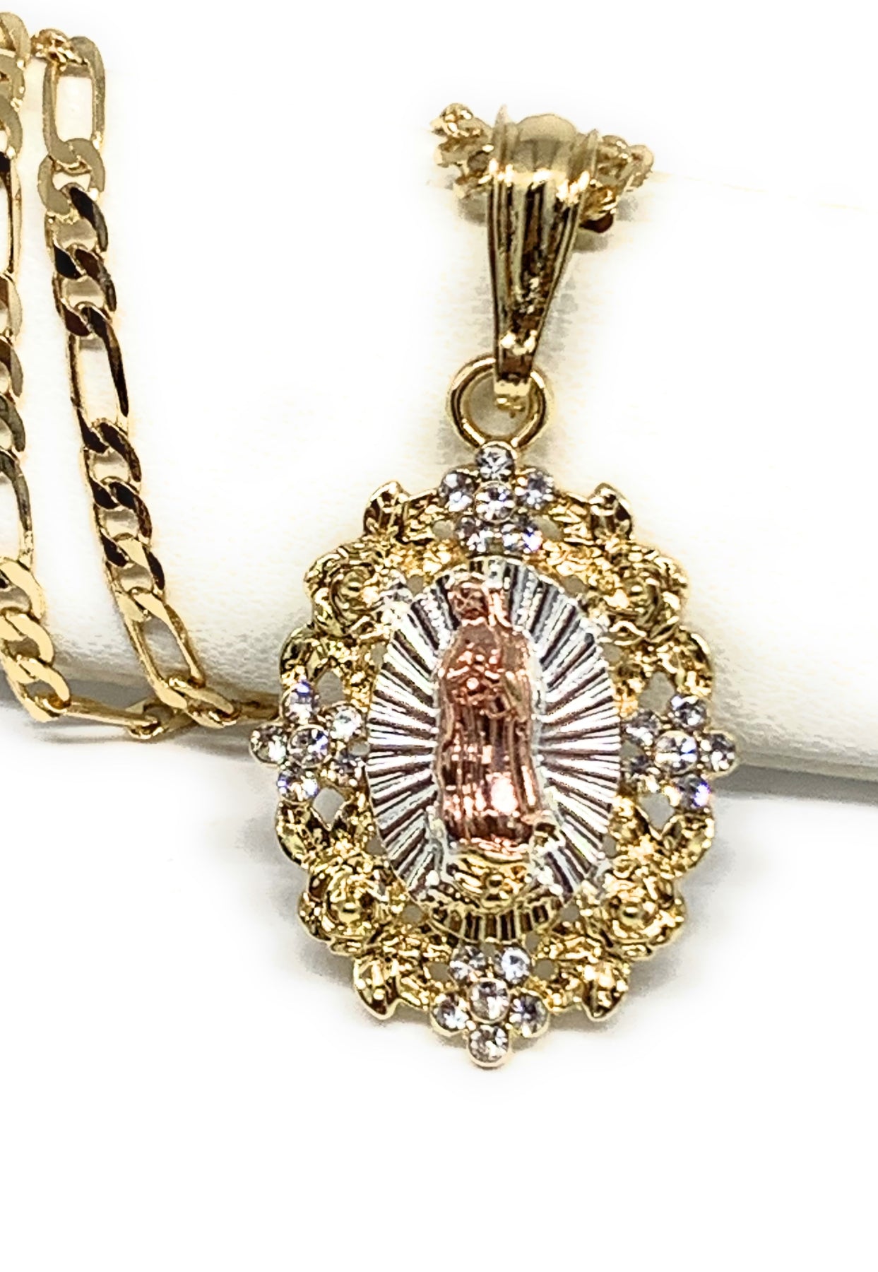 Yipima 14K Gold Plated Virgin Mary Pendant Necklace - Two-Layer Zircon, 18/22 Inch Figaro Chain, Gift For Women & Men