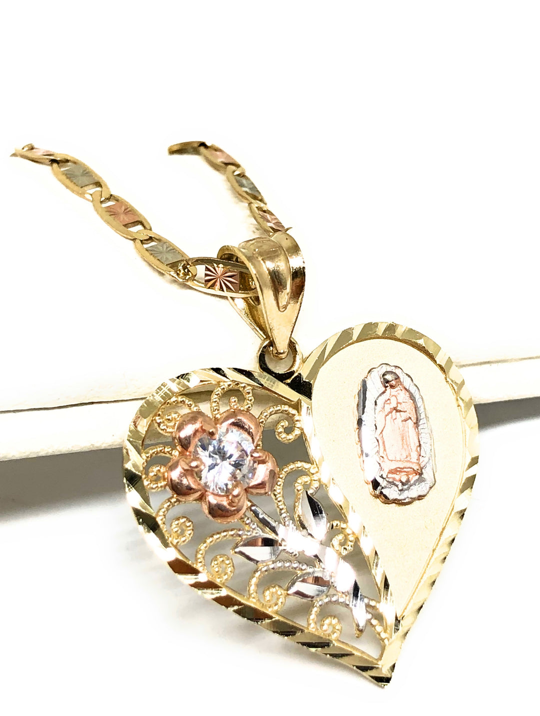 14k Solid Gold Tri-Color Virrgin Mary Heart & Flower CZ Pendant