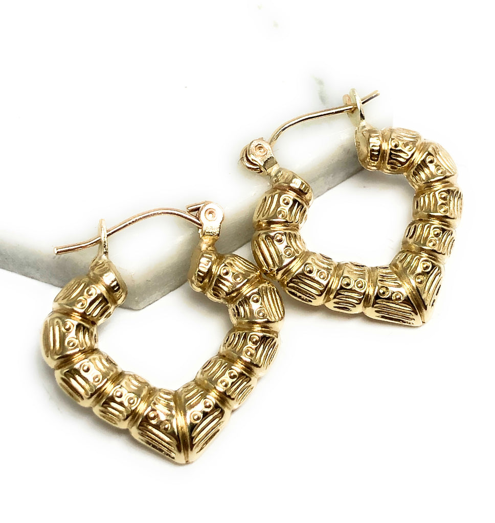 10k Solid Gold Yellow Bamboo Heart Hoop Earrings INCH - Main Image
