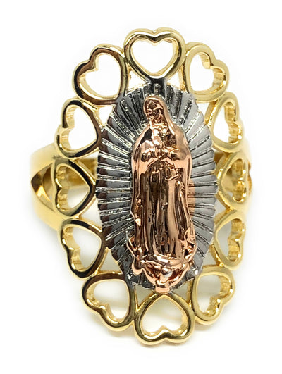 Tri-Color Gold Plated Virgin Mary Heart Ring Virgen De Guadalupe Corazon Anillo Tres Colores - Fran & Co. Jewelry