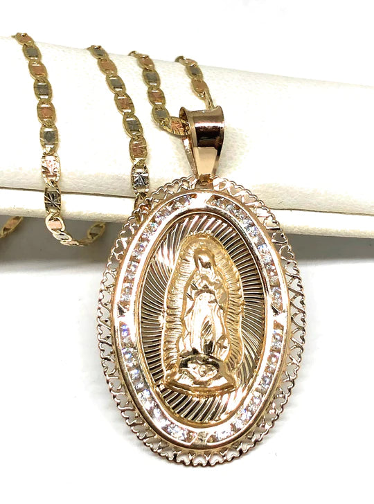 10k Solid Gold Tri-Color Virrgin Mary Oval Pendant Necklace W/ Cubic Zirconia Virrgen Gaudalupe (LG, MED, SM)