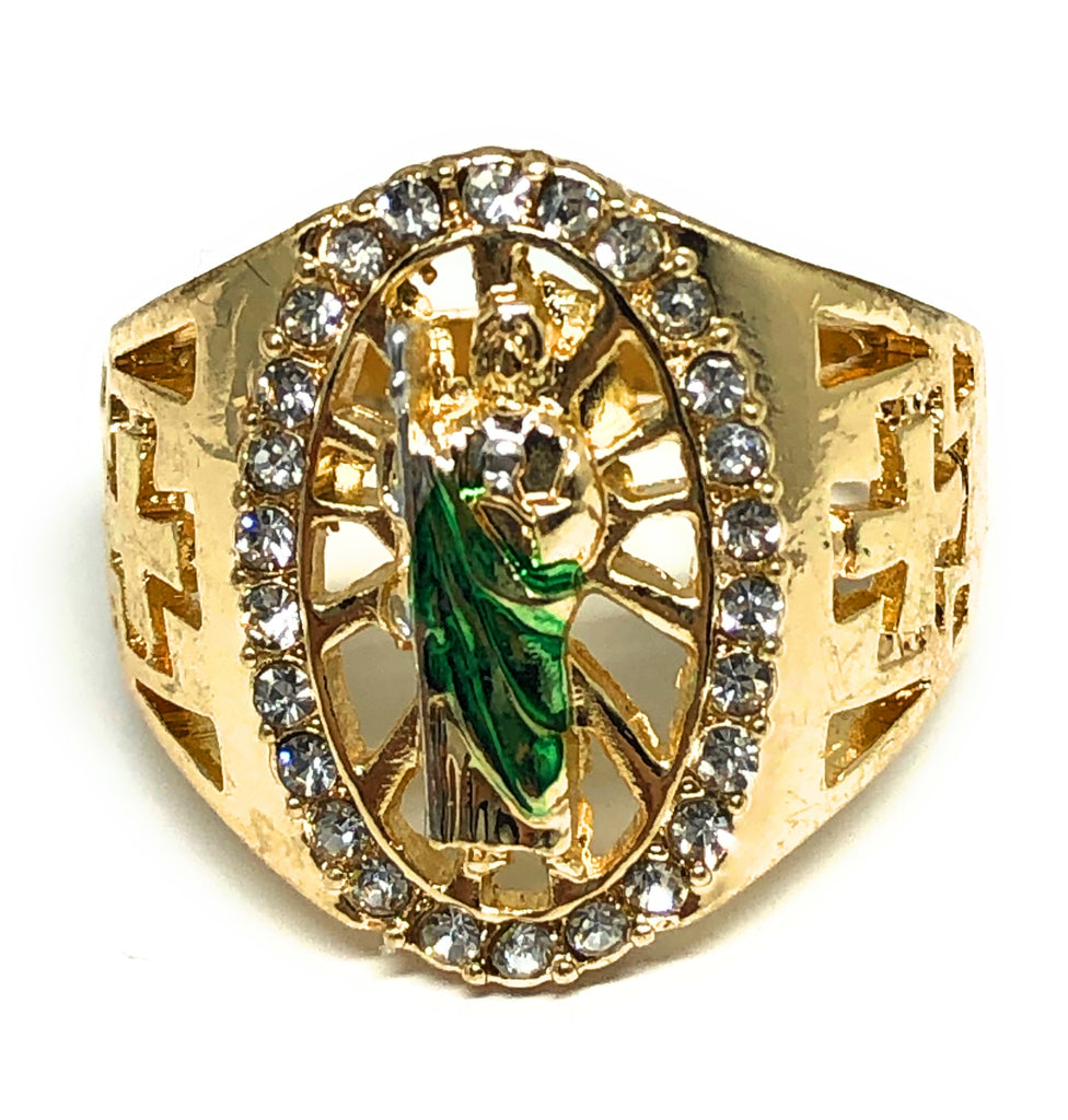 Gold Plated Yellow Green San Judas Saint Jude Ring Anillo