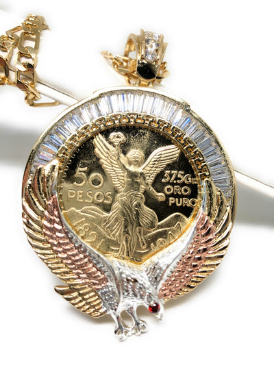 Gold Plated Tri-Color Mexican Coin Centenario Mexicano con Aguila Replica Oro Laminado Con Cadena Figaro 26" 5mm - Fran & Co. Jewelry