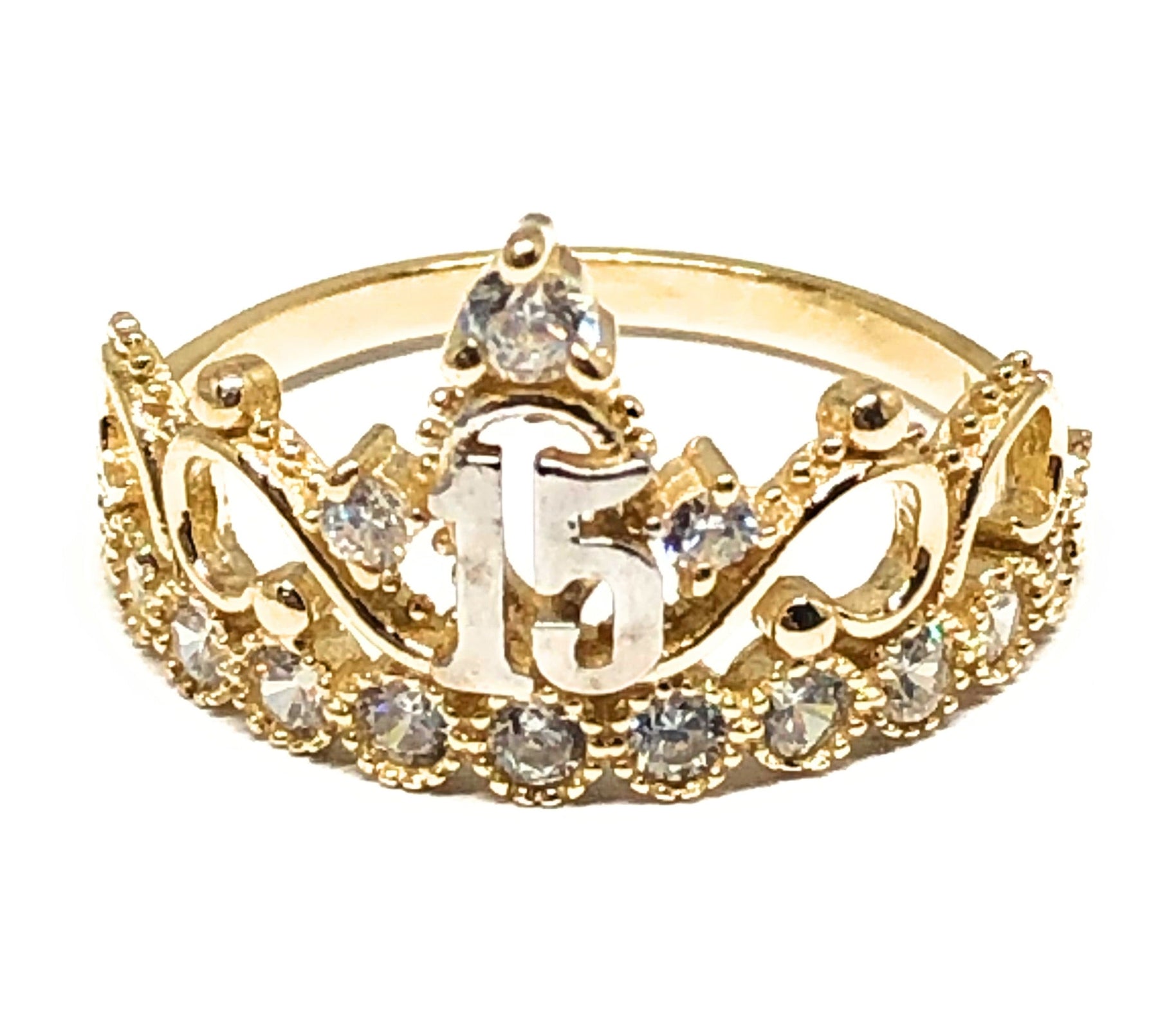 10k Yellow Gold Quinceañera Ring With CZ Stones - Elegant '15' Design For 15th Birthday (Size 9)