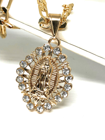 Gold Plated Virgin Mary White Stone Pendant with 26" Chain / Virgen de Guadalupe Medalla Piedras Blancas Cadena 26" Oro Laminado - Fran & Co. Jewelry