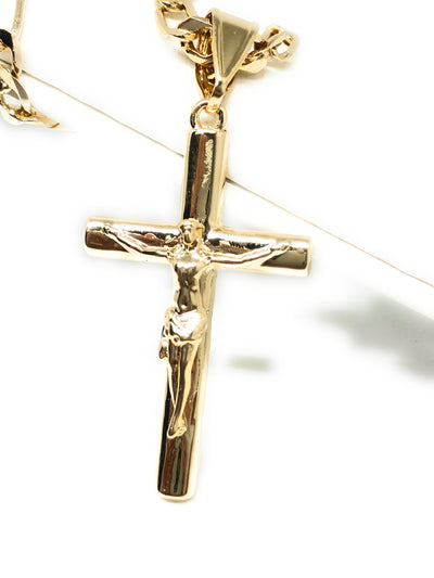 Gold Plated Cross Jesus Crucifix 24" Chain / Jesus Cruz Crucifijo Cadena Oro Lamindo 24” - Fran & Co. Jewelry