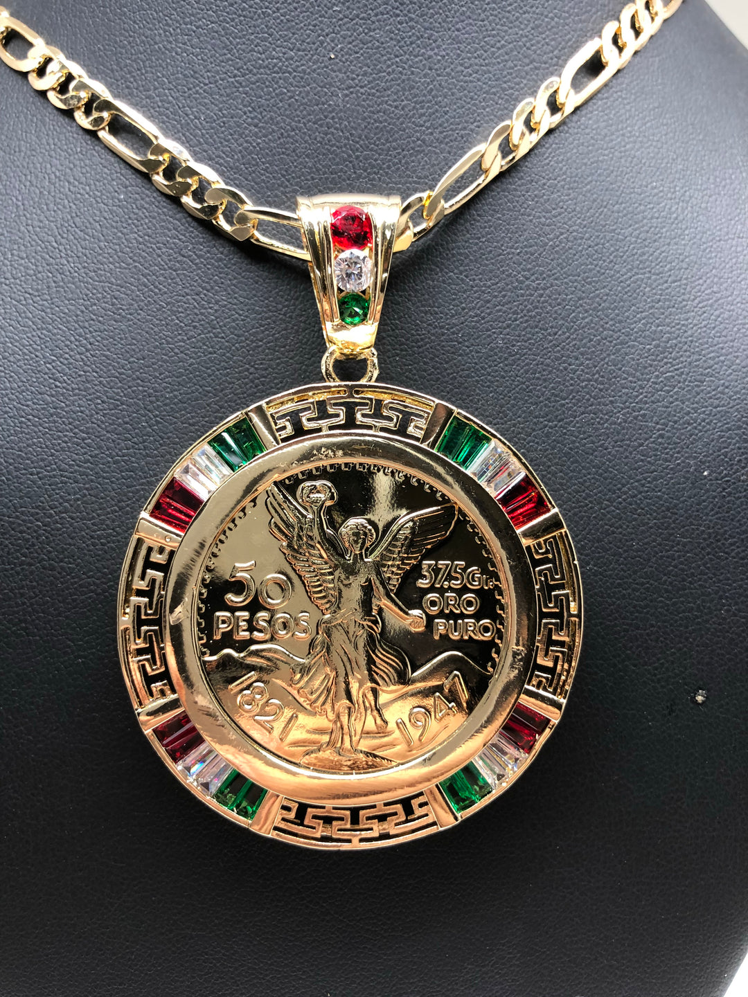 Gold Plated 50 Pesos "Centenario" Mexican Coin Pendant On 26" Chain – Gold Tone, CZ Accent, Coin Jewelry