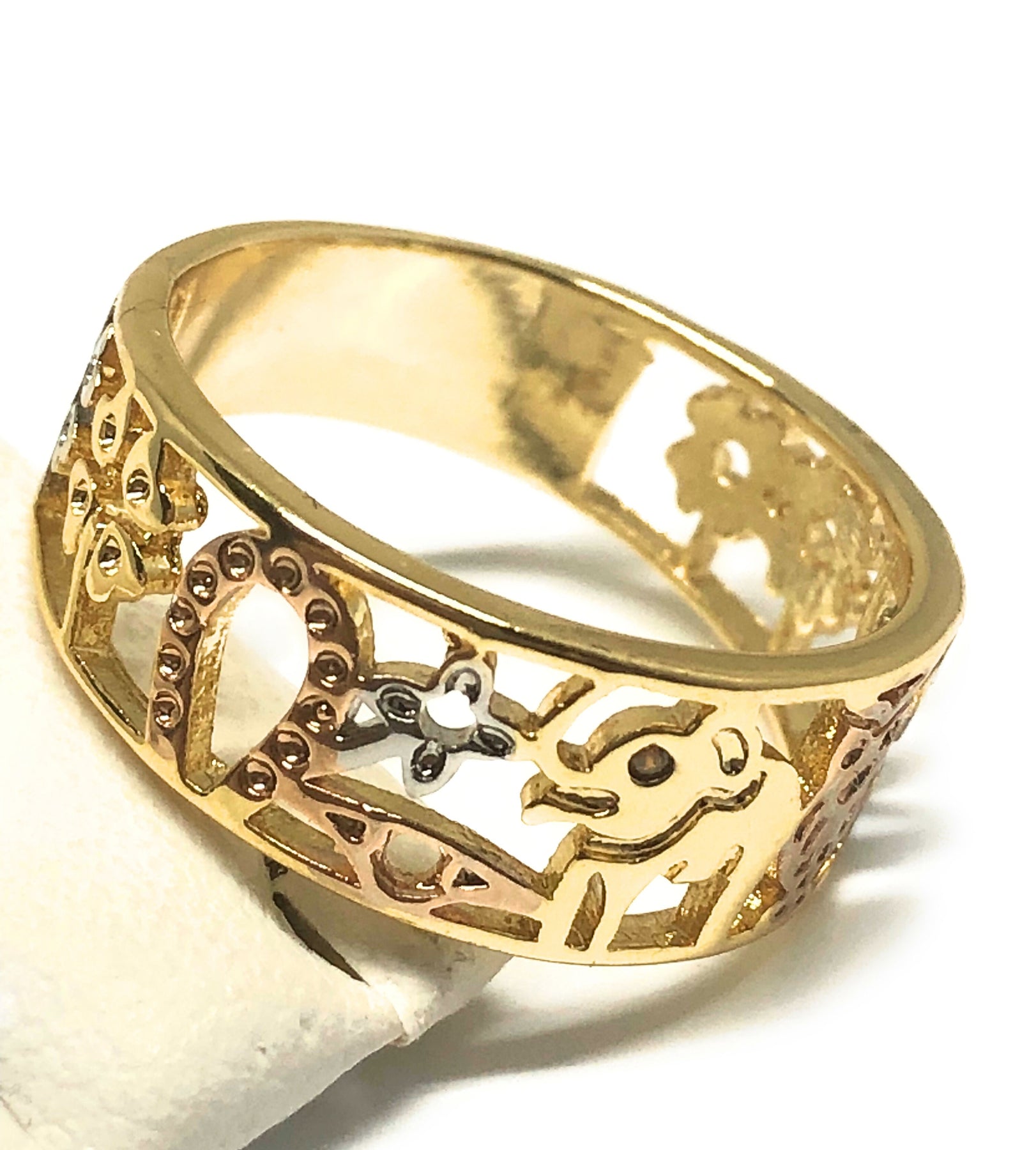 Gold Plated Women's Lucky Charm Symbols Ring Anillo de Suerte – Fran & Co.  Jewelry Inc.