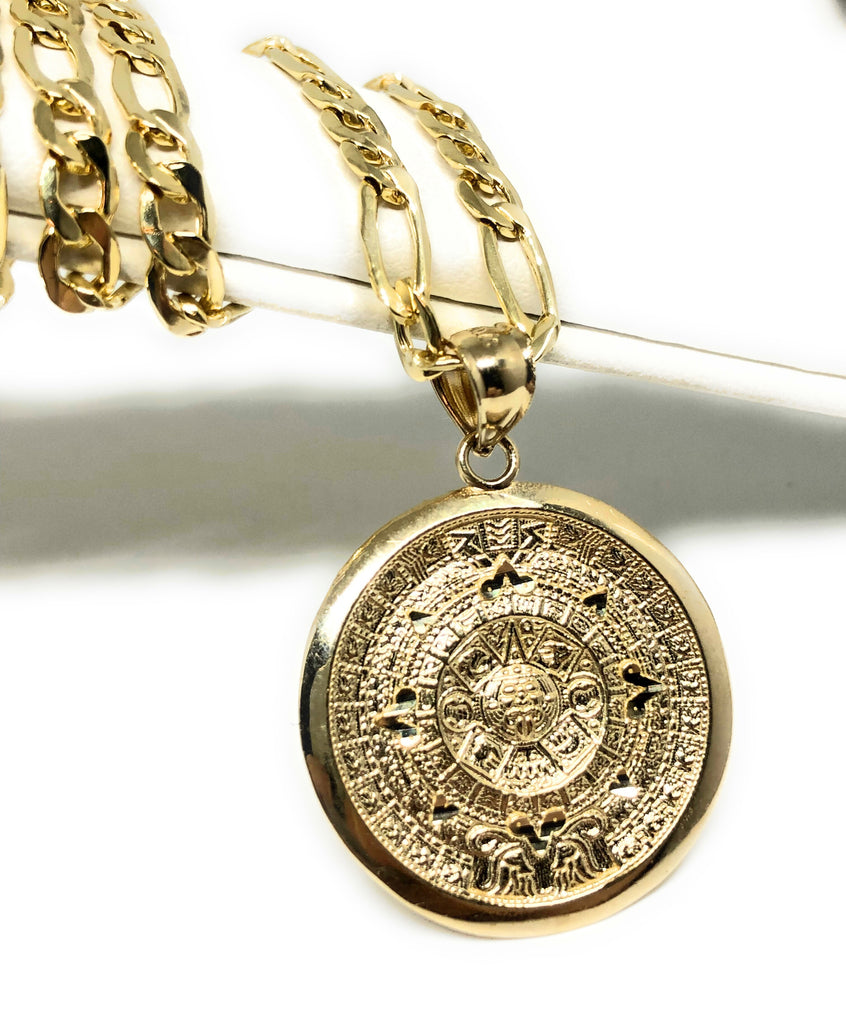 10k Solid Gold Yellow Mexican Aztec Calendar Pendant Necklace with