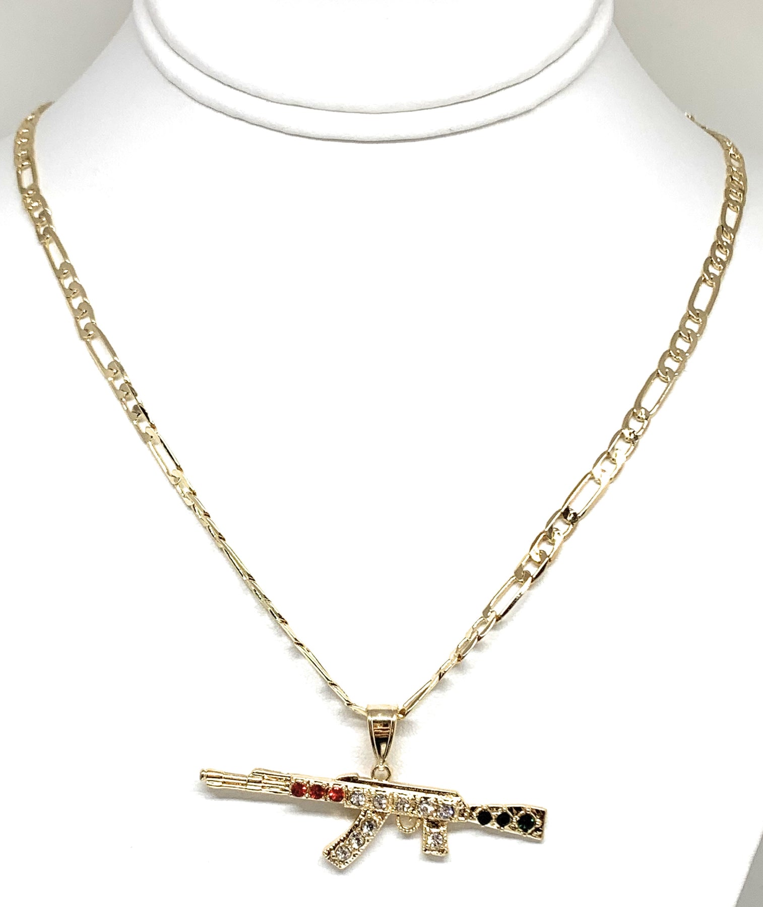 Men Gold Plated Iced Out Ak 47 Machine Gun Pendant 26 Inch Figaro Chai men-gold-plated-iced-out-ak-47-machine-gun-pendant-26-inch-figaro-chai