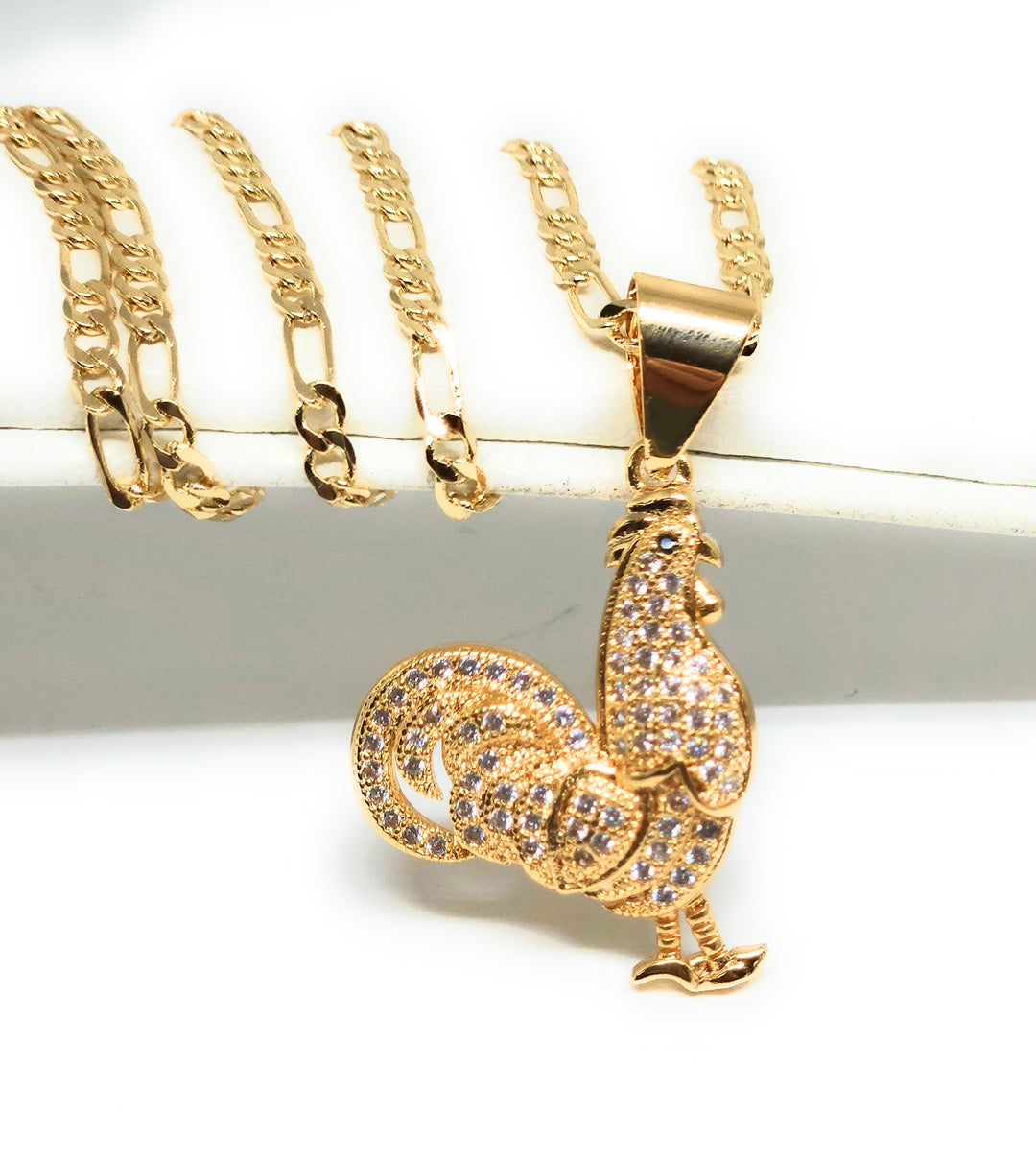 14K Gold Plated Rooster (Gallo) Pendant Charm With CZs On 24" 2-Color Gold Plated Chain 9 thumbnail image
