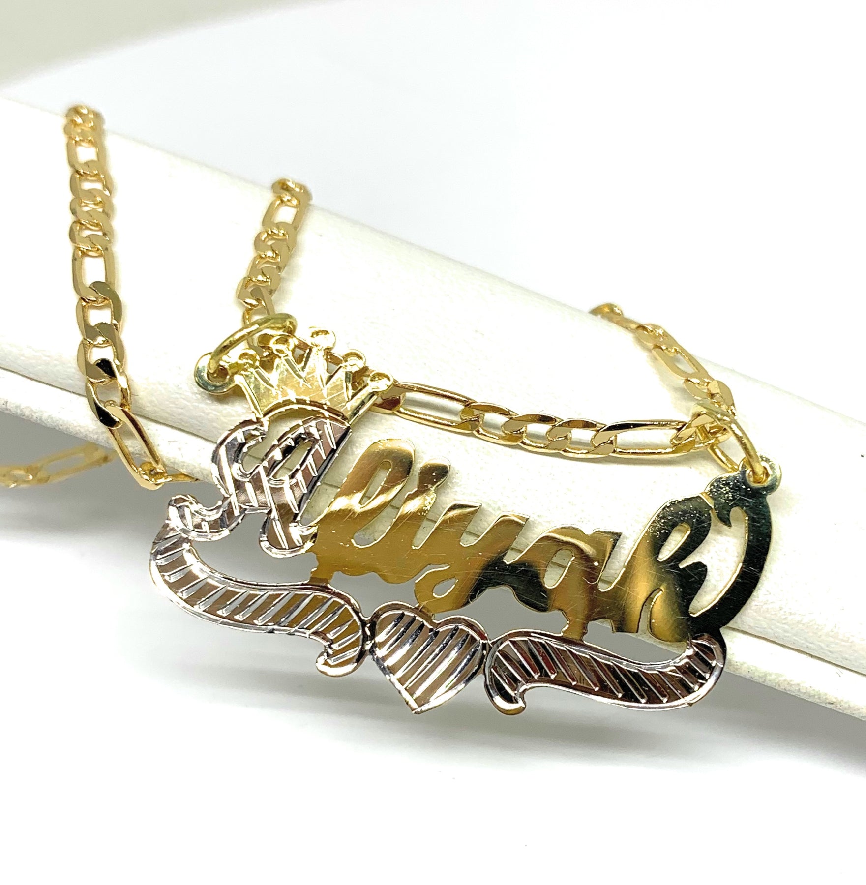 Gold Plated Silver Yellow & White CUSTOMIZED CROWN CURSIVE with HEARTS ...