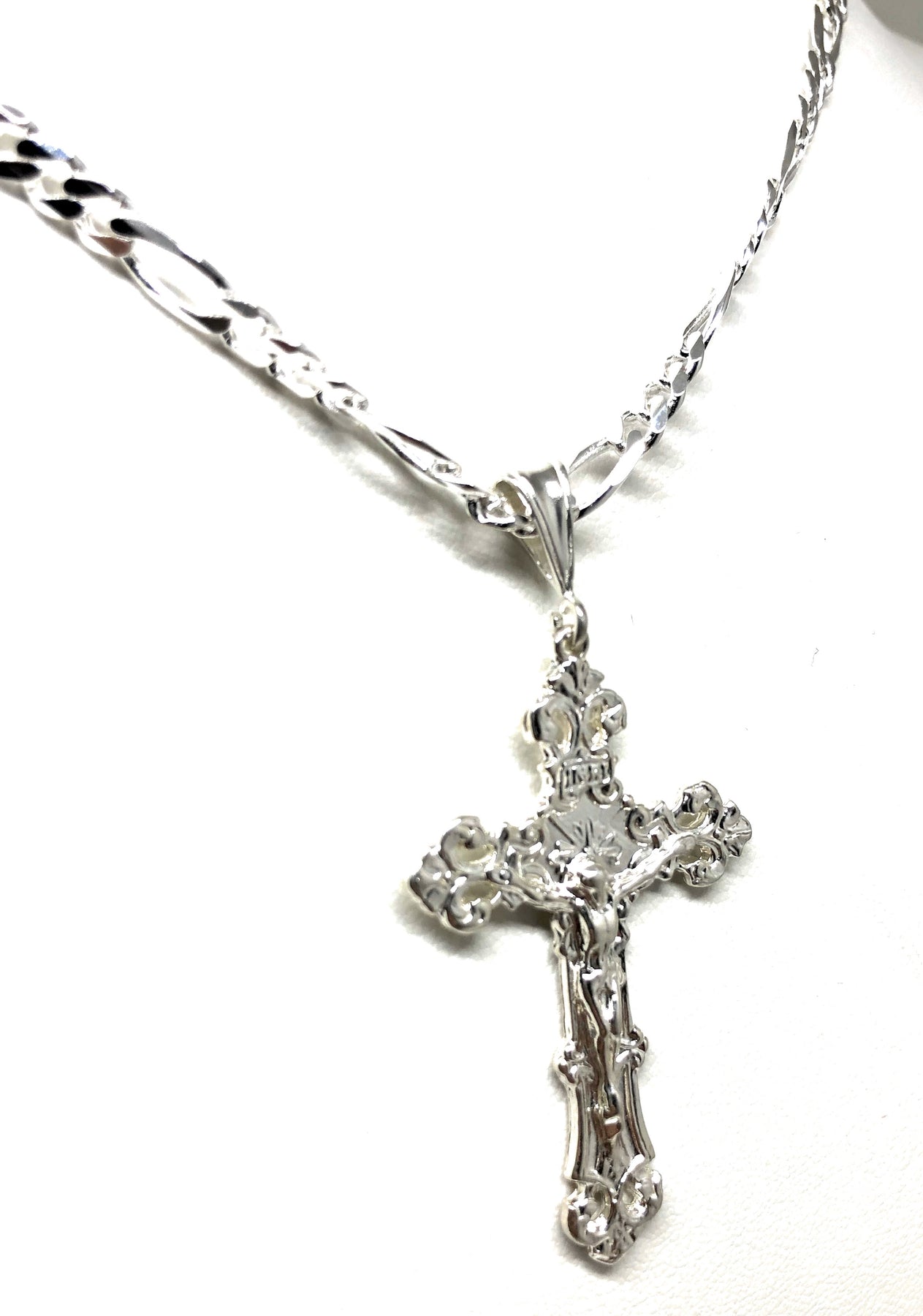 .925 Silver Filigran Jesus Cross Crucifix Pendant Necklace with Figaro ...