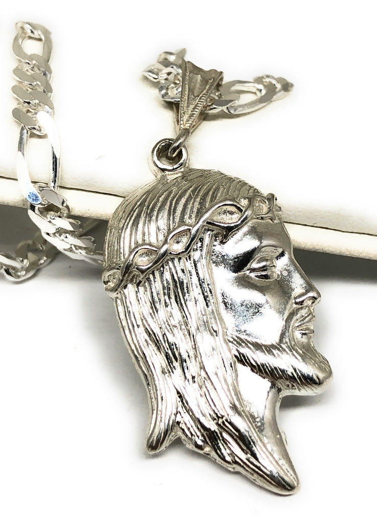 925 Silver Jesus Face Pendant Necklace with Figaro Chain – Fran