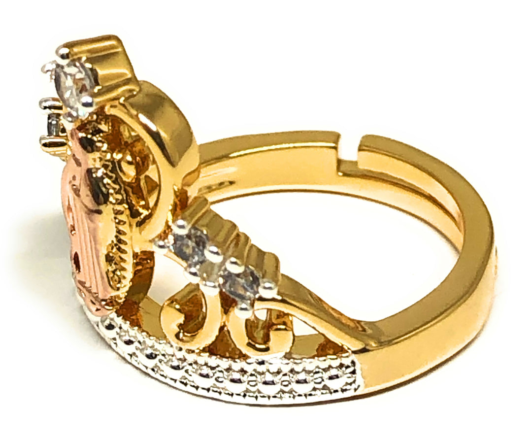 Gold Plated Tri-Color CROWN Virgin Mary CZ Ring Virgen Guadalupe
