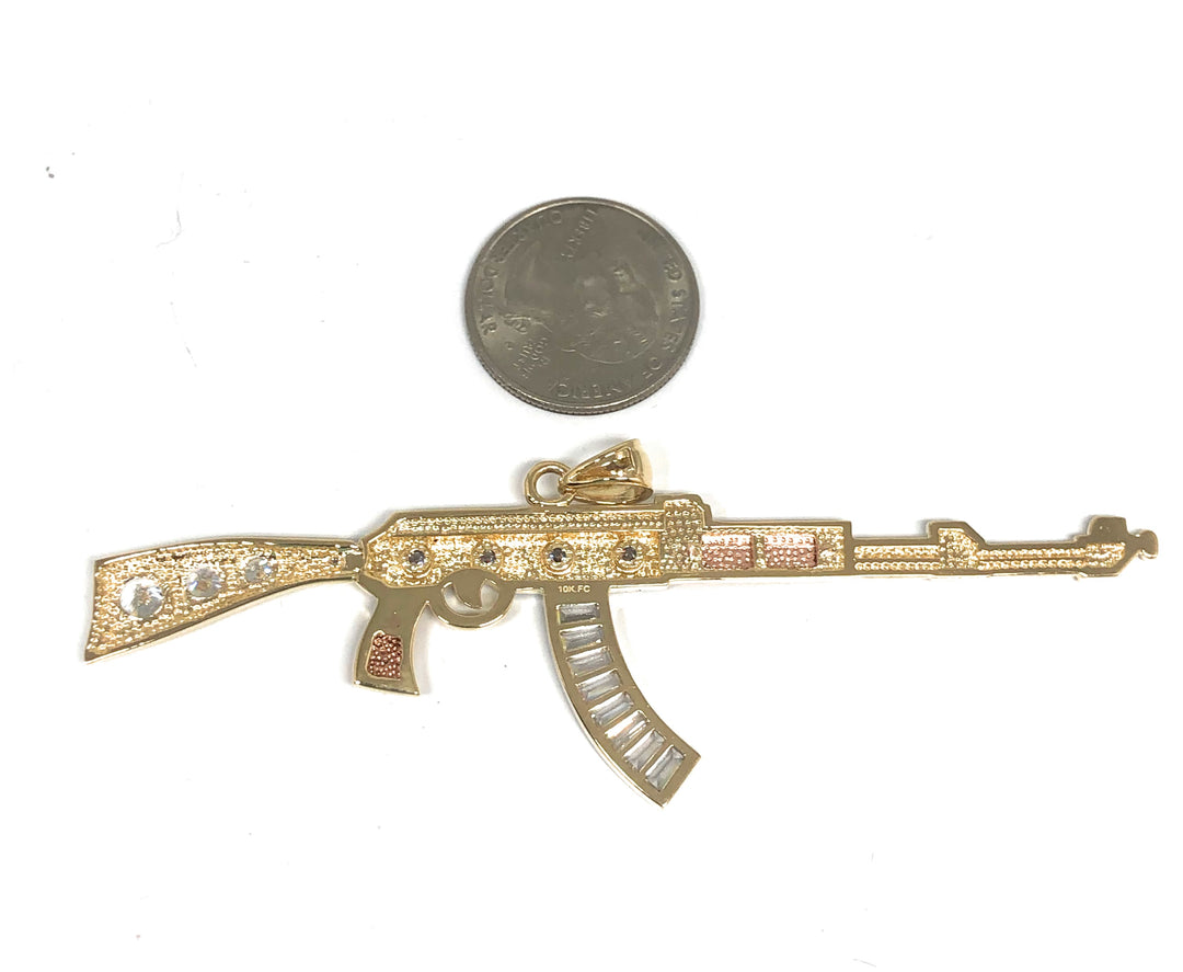 10k Solid Gold Tri-Color BIG XL CZ Machine Gun AK-47 Pendant (12.3