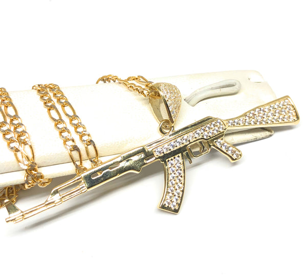 AK-47 necklace diamond studded rifle pendant Gold... - Depop