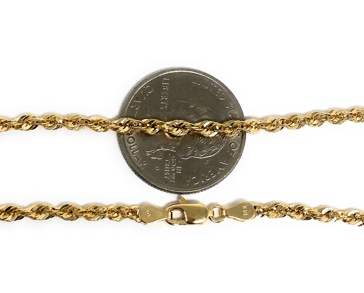 14k Solid Gold Yellow Rope Chain 20-24 inches 3-3.3mm (Semi-Hollow Sty ...