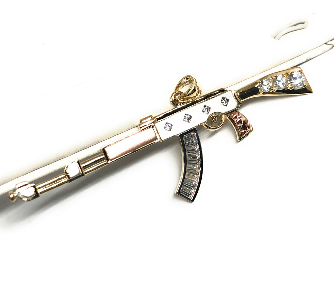 10k Solid Gold Tri-Color BIG XL CZ Machine Gun AK-47 Pendant (12.3