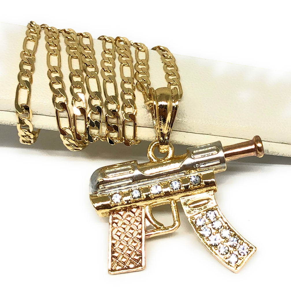 Men's Hip Hop Gold Plated Machine Gun Pendant Necklace 24