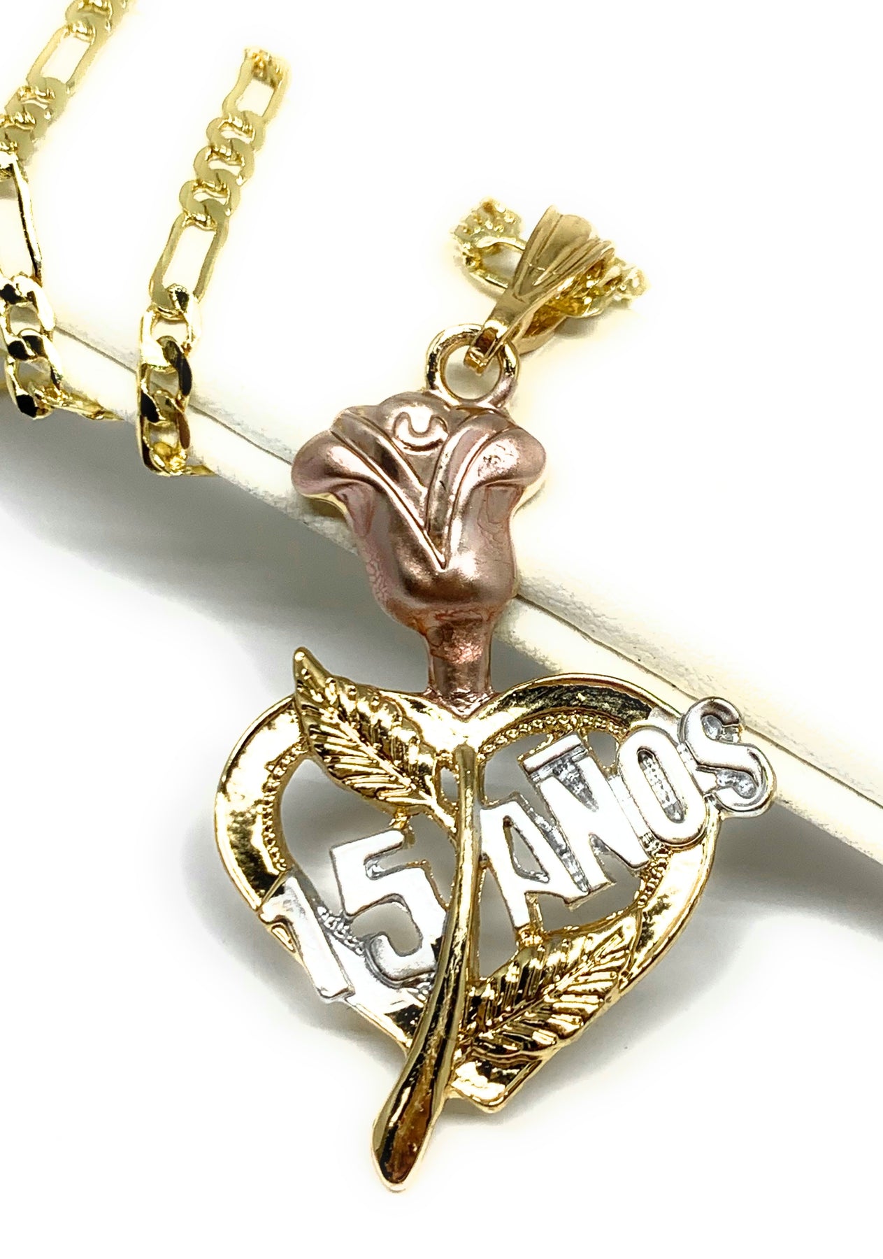 14K Yellow & Rose Gold “Miss 15 Años” Quinceanera Heart Pendant Charm w/  CZs – A&V Pawn
