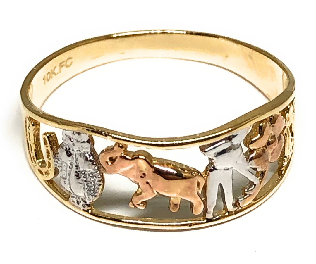 14k Solid Gold Yellow Tri-Color Lucky Symbols Ring Suerte (FC 204