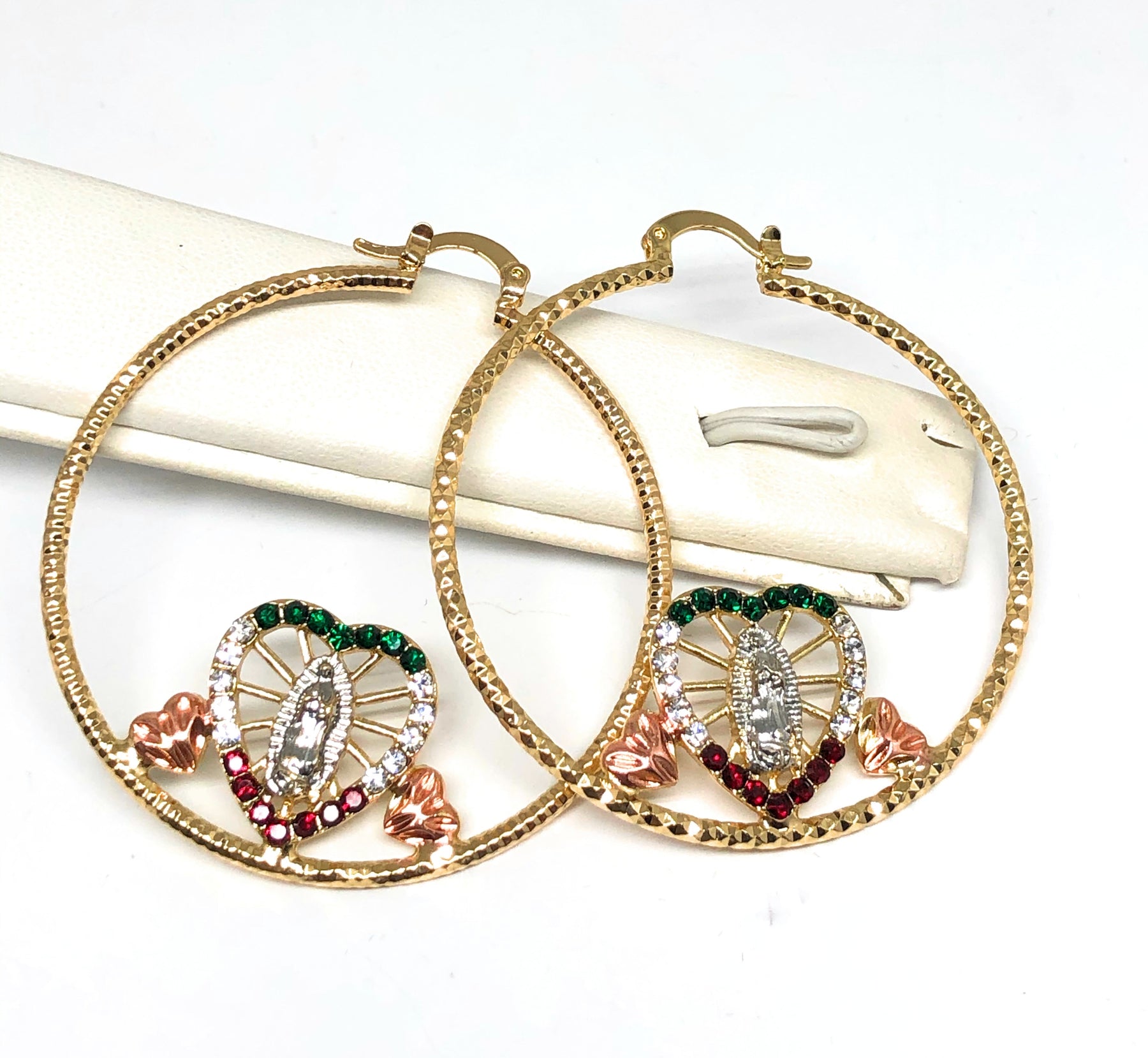 Gold Plated Tri Color Virgin Mary Hoop Earrings Virgen Guadalupe Arete –  Fran & Co Jewelry