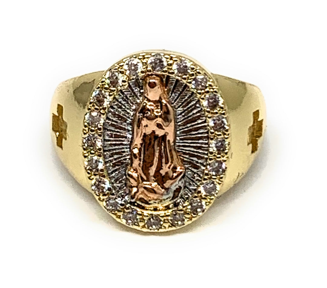 14kt Gold Plated Mens Nugget Ring - Virgin Mary With Clear CZ - Sizes 6-13 - Jewelry-mania